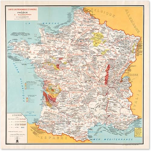 Fine Art Prints Bourguignon 1932 Carte de France Gastronomie Gastronomie Grande affiche murale imprimée papier épais 61 x 61 cm - Nail Gallerys