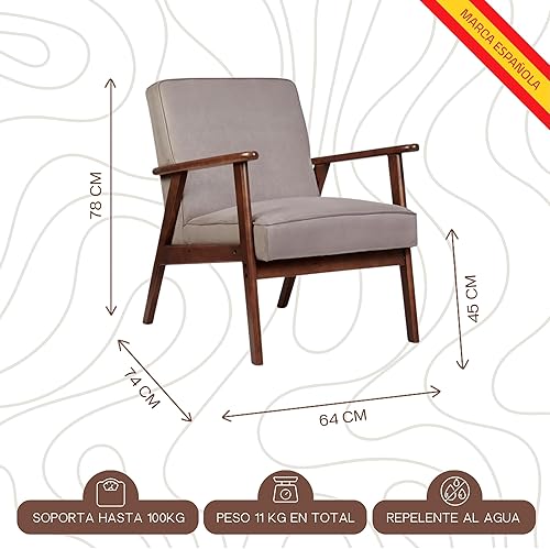 HOME DESIGN & CONFORT Fauteuil Roma anti-taches de style nordique - Fauteuils de salon en bois massif - Fauteuil de chambre (beige/noyer) - Nail Gallerys