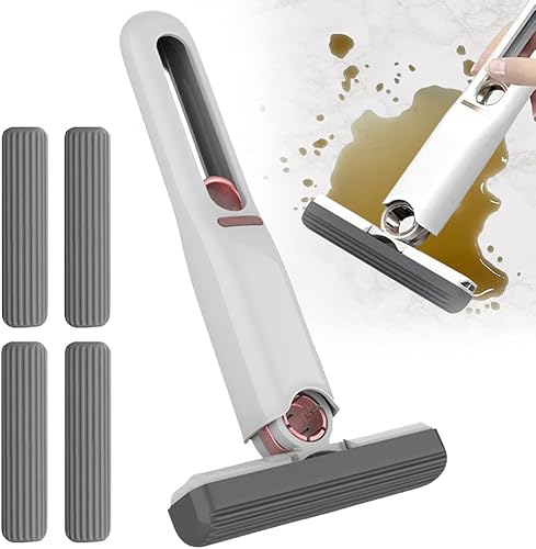 Fivtsme Mini Serpillère Portable, Mini Vadrouille Portable pour la Maison, Mini Vadrouille de Nettoyage de Bureau pour Salle de Bain, Cuisine, Voitures (1 Poignée à Presser + 4 Têtes de Vadrouille) - Nail Gallerys