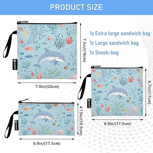 Wudan Lot de 3 sacs à goûter réutilisables pour enfants, motif dauphins de mer, dessin animé, sac de voyage, sac à déjeuner pour le travail, le pique-nique ou les voyages - Nail Gallerys