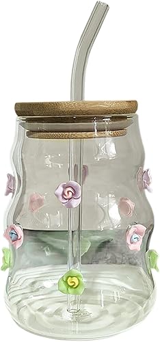 BestAlice Tasses en Verre avec Couvercles et Pailles, Verrerie Nervurée Vintage avec Nœuds ou Roses, Gobelet en Verre Rose avec Nœud Rose, Jolis Verres à Boire pour café glacé, - Nail Gallerys