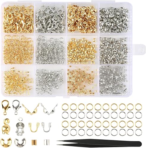 Ensemble de 782 fermoirs mousquetons argentés et dorés de 12 mm, extrémité courbée de 5 mm et fermoir de bijoux pour fabrication de bijoux - 1 pince à épiler - Nail Gallerys