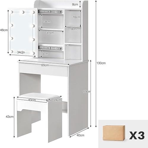 LEMROE Coiffeuse Hollywood avec Miroir LED et Tabouret, Table de Maquillage,Bureau Coiffeuse Blanche avec 7 étagères et 1 Grand Tiroir pour Chambre à Coucher - Nail Gallerys