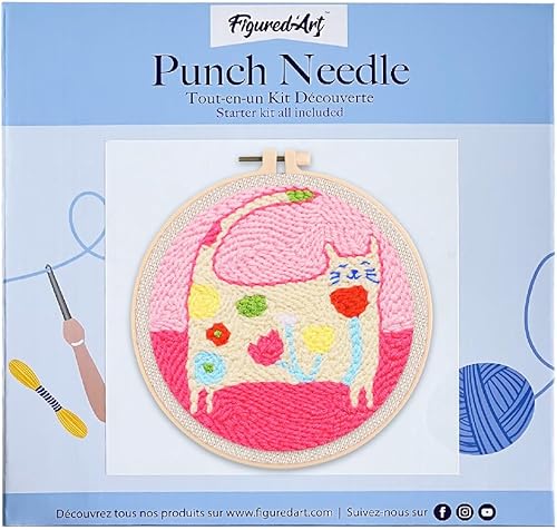 Figured'Art Punch Needle Kit Complet pour Adultes et Enfants - Chat Fleuri - Parfait pour Débutant. Set prêt à broder taille 20x20cm avec cadre circulaire - Nail Gallerys