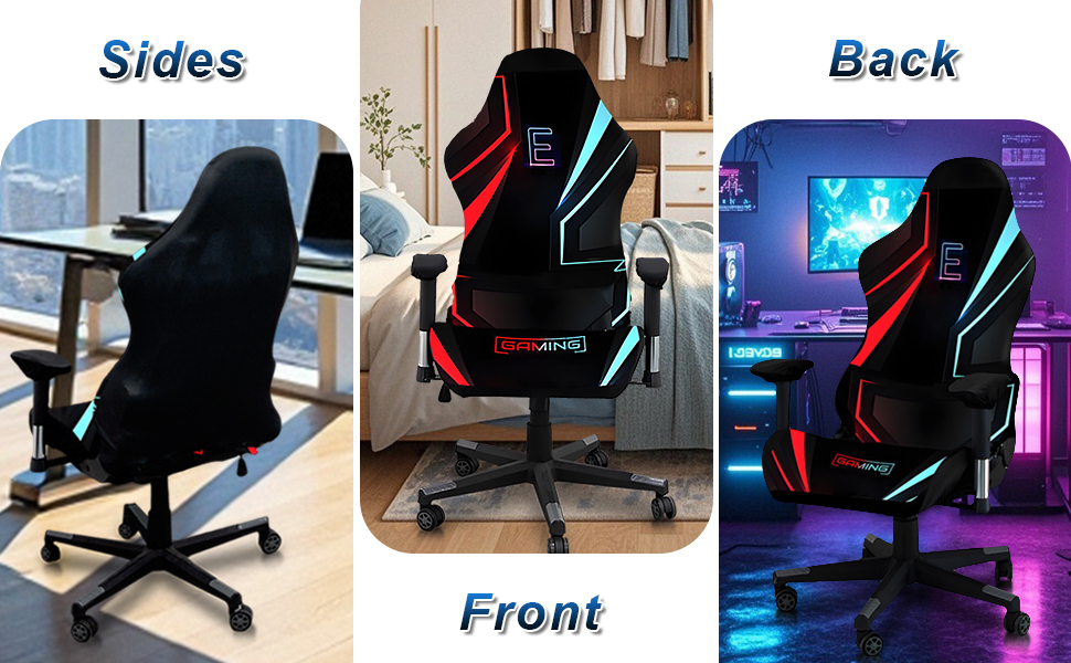 Chaise de jeu présentée sous plusieurs angles (avant, arrière et côtés) avec un revêtement noir avec un éclairage d'accentuation LED rouge et bleu.