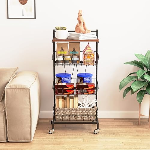 COSTWAY Chariot de Rangement à roulettes, Desserte 4 Niveaux, Paniers Réglables en Hauteur et Amovibles, Plateau Supérieur en Bois, Etagere Cuisine pour Snacks Fruits Légumes, 40 × 31 × 88 cm - Nail Gallerys