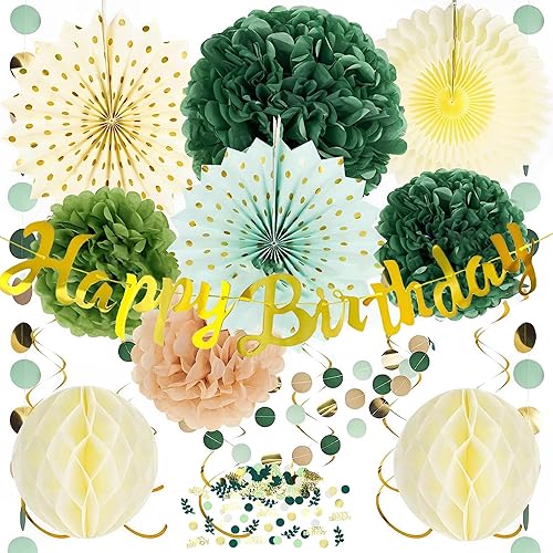 Décoration de fête réutilisable, guirlande Happy Birthday, décoration de gâteau, pompons, lanternes en papier, boules en nid d'abeille, confettis, décoration d'anniversaire vert doré, vert sauge - Nail Gallerys