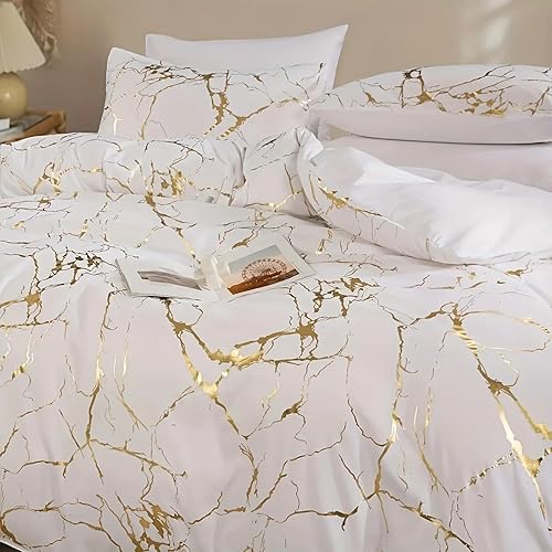AAFUOO Parure de lit à imprimé marbre, Motif texturé en marbre doré Blanc, Housse de Couette Moderne et Abstraite pour Enfants, et Filles, 90 x 190 cm + 80 x 80 cm (31 x 31 Pouces) x 2 - Nail Gallerys