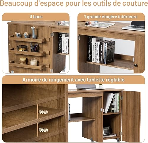 COSTWAY Bureau Pliable, Table de Couture Pliable pour Machine à Coudre, 3 Etagères pour Bobines, roulettes Universelles Verrouillables, pour Salon, Bureau, Studio, 50 x 158 x 75 cm, Naturel - Nail Gallerys