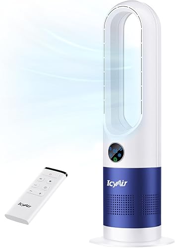 IcyAir Ventilateur Sans Pale, Ventilateur Colonne Silencieux avec Télécommande, 8 Vitesses, Oscillation à 90°, Minuterie 9 Heures, Affichage LED, Ventilateur Tour pour Chambre, Bureau - Nail Gallerys