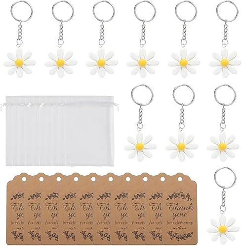 Lerpwige Lot de 30 porte-clés fleurs marguerite avec sachets en organza et cartes de remerciement - Accessoires de fête faits à la main à collectionner - Nail Gallerys