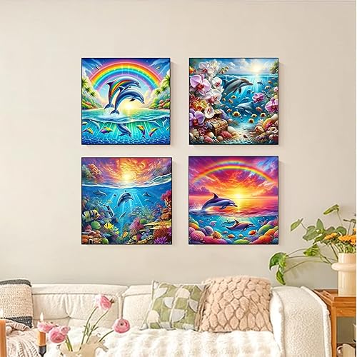 Doreenstar 4 Pièces Diamond Painting Dauphin 30x30 CM, 5D Tableau Diamant Dauphin Animaux, DIY Diamond Painting Kit Complet, Peinture Diamant Animaux Marin pour Enfant Adulte - Nail Gallerys