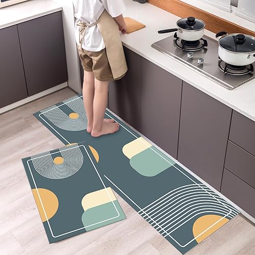 2 Pièces Tapis de Cuisine Lavable en Machine Géométrie Verte Tapis Cuisine Devant Evier Long Antidérapant et Lavable Tapis de Sol Cuisine et Lavable Décoratif Salon Couloir - Nail Gallerys