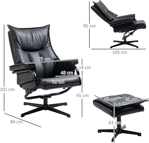 HOMCOM Fauteuil relax avec pouf, fauteuil de repos pivotant, fauteuil TV avec fonction chaise longue, fauteuil TV avec dossier inclinable, pour salon, bureau, similicuir, acier, noir - Nail Gallerys