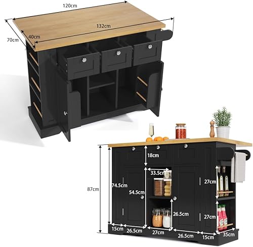 Table de Cuisine Mobile 132 cm,Style campagnard, Plan de Travail Rabattable,Meuble Multifonction,tiroir,étagère à épices,Porte-Serviettes,5 roulettes,Prise de Courant intégrée (White+Natural) - Nail Gallerys