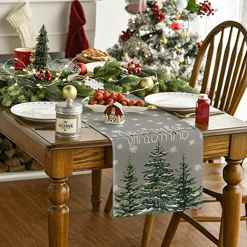 Artoid Mode Chemin de table de Noël en pin et flocons de neige - Décoration de table de cuisine d'hiver, intérieur, vacances, fête - 40 x 100 cm - Nail Gallerys