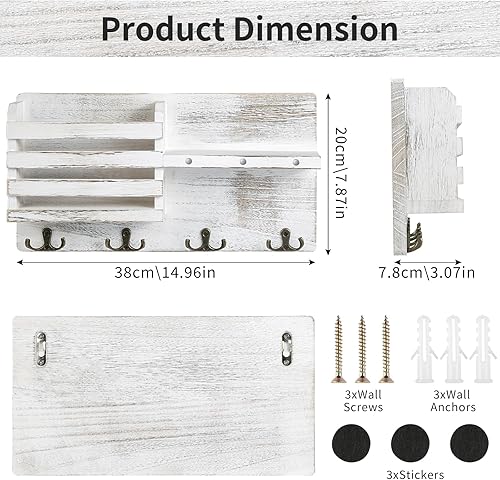 Comius Sharp Porte Clef Mural, Porte-Clés Mural en Bois, Noir Porte Courrier Mural, Avec 4 Crochets à Clé Doubles, pour Salon, Salle de Bain, Cuisine, Les Entrées, Couloirs(Blanc Vintage) - Nail Gallerys