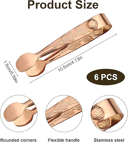 BOXOB 6pcs Mini-Pinces à Sucre, 10,5cm Petites Pinces de Service avec Motif Rose en Acier Inoxydable pour Apéritifs Planches de Charcuterie Desserts et Cafés (Or Rose) - Nail Gallerys