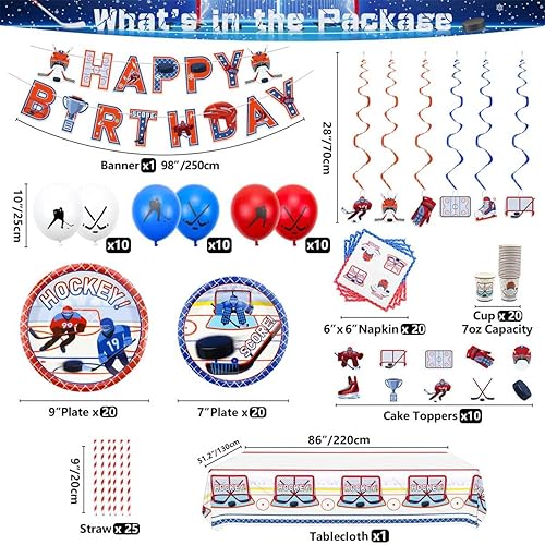 Fournitures de fête de hockey – y compris assiettes, tasses, serviettes, nappe, tourbillon suspendu, ballons, bannière – pour 20 personnes - Nail Gallerys