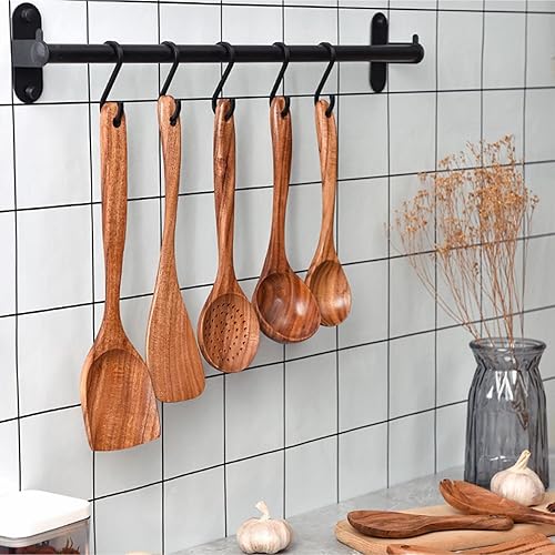 Lot de 7 ustensiles de cuisine en bois, ustensiles de cuisine, bois de teck naturel, ustensiles de cuisine, outils, spatules en bois dur antiadhésives et cuillères en bois, sets de table pour table à - Nail Gallerys