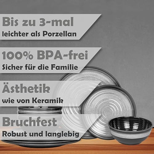 Moritz Vaisselle de table de camping en mélamine pour 4 personnes - 12 pièces - Passe au lave-vaisselle - Service de pique-nique - Vaisselle de camping - Design gris pierre - Nail Gallerys