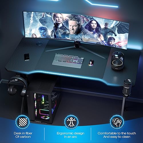 XMTECH Bureau Gaming 120x60 - Table Gaming Cadre en X avec Surface en Fibre de Carbone Stable - avec Porte-gobelet et Crochet pour Casque - Noir - Nail Gallerys