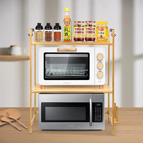 Supfine Micro-Ondes Rack, 3 Niveaux Support de Four à Micro-Ondes Extensible, Etagere Rangement Cuisine Four à Micro Ondes, avec 4 Crochets, Etagere Cuisine Micro Onde en Bambou (Bambou, 55x35x67cm) - Nail Gallerys