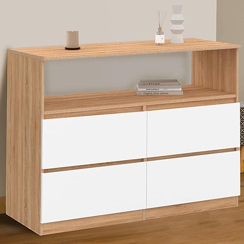 IDMarket - Commode 4 tiroirs TOMI 100 cm avec Niche façon hêtre et Blanc - Nail Gallerys