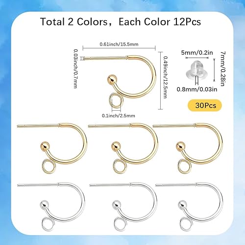 SUNNYCLUE 1 boîte de 24 boucles D'Oreilles à Tige Plaquées Or 24 carats Véritables Tiges de Boucles D'Oreilles en Argent avec Boucles 304 crochets D'Oreilles Français en Acier Inoxydable pour la Fabri - Nail Gallerys