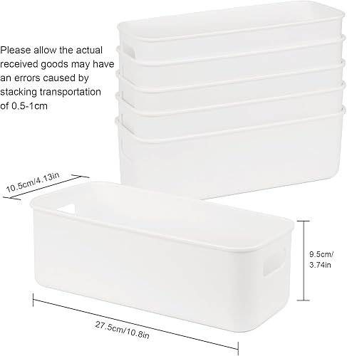 Lot de 6 petites boîtes de rangement en plastique blanc sans couvercle, 27,5 x 10,5 x 9,5 cm, paniers de rangement étroits et organiseurs pour cuisine, garde-manger, salle de bain et placards. - Nail Gallerys