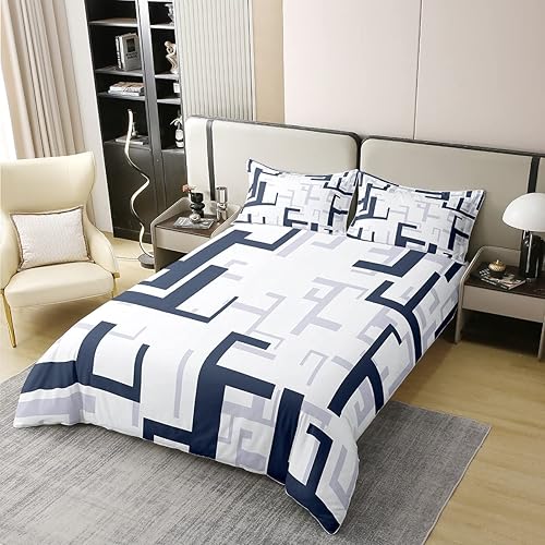 Homemissing Bleu Marine Géométrique 100% Coton Housse de Couette 140x200cm Moderne carré Parure de Lit Femmes Noir Gris Blanc Literie Set Géométrique Ensemble de lit avec 1 taie d'oreiller - Nail Gallerys