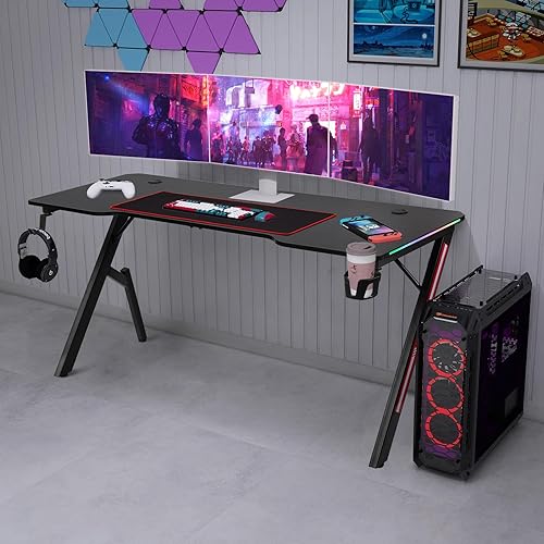 Todeco Bureau Gaming LED 140 x 60cm, Grande Bureau Gamer avec Plateau en Fibre de Carbone, Ergonomique avec Tapis de Souris, Porte-gobelet et Crochet pour Casque - Nail Gallerys