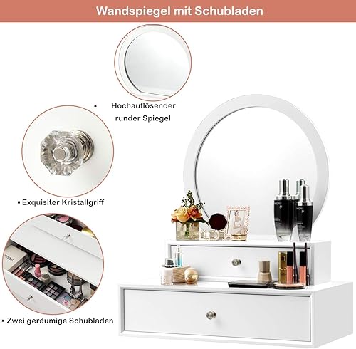 COSTWAY Miroir avec 2 tiroirs - Miroir Rond - Coiffeuse - Nail Gallerys