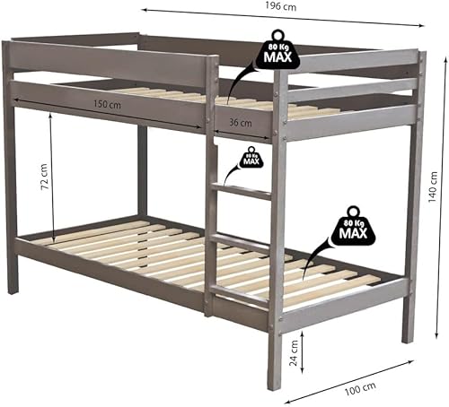 WEBER INDUSTRIES Lit superposé Brice 90x190 + 2 sommiers/Gris - Nail Gallerys