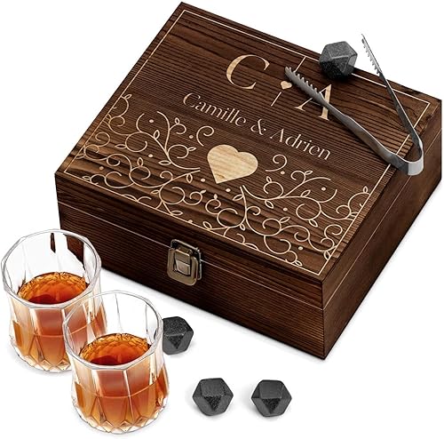 Maverton Coffret de Pierres à Whiskey avec Verres - 8 Pierres à Whisky et 2 Verres - Cadeau personnalisé pour Les Couples - Cadeau d’Anniversaire avec Gravure - Floral - Nail Gallerys