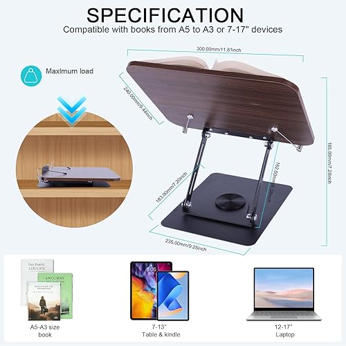 LJEC Support de Livre pour Lecture, Hauteur Réglable porte Livre Ergonomique avec base pivotante à 360°, Book Stand Pliable avec Clips élastiques pour Pages pour Livres, Tablette, Recette Manuel - Nail Gallerys