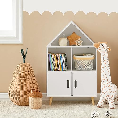 SoBuy Bibliothèque Enfant Étagère de Rangement pour Livres et Jouets Étagère à Livres Armoire Meuble de Rangement sur Pieds avec 1 Regard de Château, 2 Compartiments et 2 Portes, 63x30x103 cm, KMB58-W - Nail Gallerys