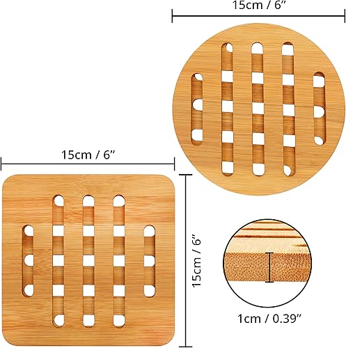 Belle Vous Dessous de Plat Bambou (Lot de 4) - 15 x 15 cm - sous Plat Anti-Dérapants Ronds et Carrés - Dessous de Plat Bois Naturel pour Théières, Bols et Assiettes de Table - Nail Gallerys