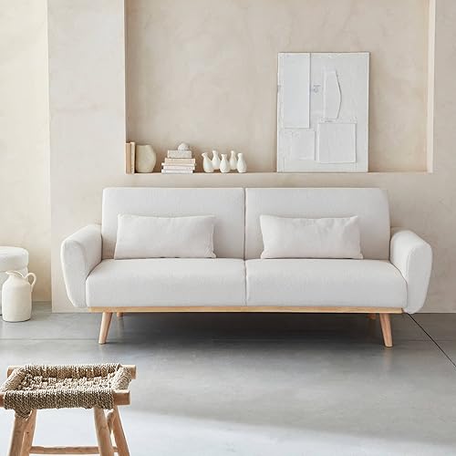 Alice's Home - Canapé Convertible à bouclettes Blanches- Oskar - 2-3 Places scandinave Droit avec Pieds Bois - Nail Gallerys