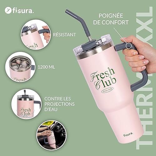 Fisura – Bouteille d’eau isotherme 1,2 L 'Hotter Than Last Summer'. Gourde thermique rose en acier inoxydable. Sans BPA. Conserve 24h le froid / 12h la chaleur. Avec paille intégrée. 9,8 cm x 27,8 cm. - Nail Gallerys