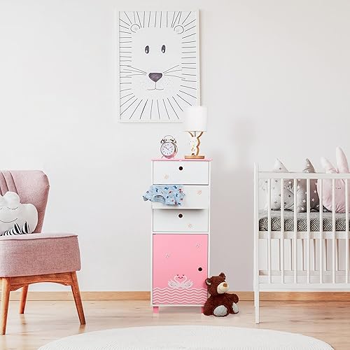 Relaxdays Commode pour Enfants, Design cygnes, 3 tiroirs et 1 Placard, étagère Chambre, HLP 105x42x30 cm, Blanc-Rose - Nail Gallerys