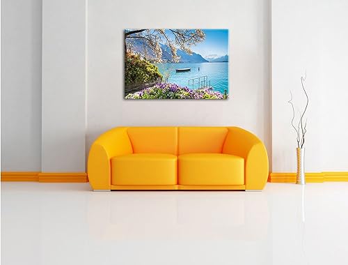 Pixxprint Genfer See im Sonnenschein als Leinwandbild/Größe: 100x70 cm/Wandbild/Kunstdruck/fertig bespannt - Nail Gallerys