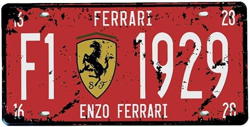 DOGT PEI Ferrari F1-1929 Plaque d'immatriculation auto en relief avec étiquette vintage Rouge vieilli Dimensions : environ 20 x 30 cm - Nail Gallerys