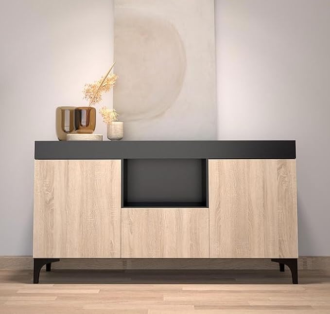 MB Muebles Bonitos, Meuble TV Bas Kai avec 1 Porte pour Salon Moderne, Meuble en Mélamine Mate, Couleur Noir et Sonoma, 100x42.5x29.5 cm - Nail Gallerys