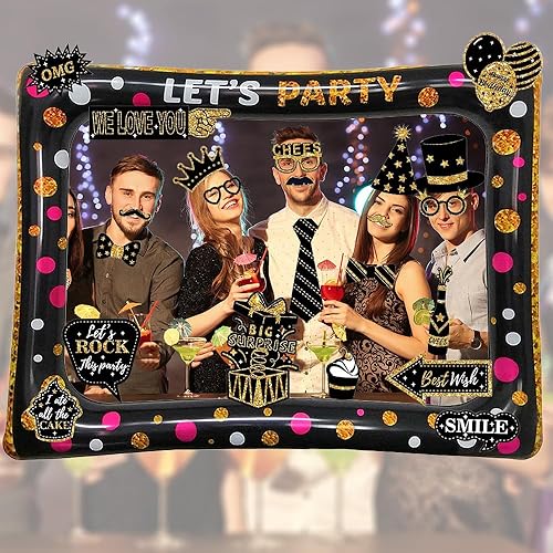 KiKiHong 37 Pièces Kit Photobooth Anniversaire Noir & Doré - Accessoires Anniversaire avec Cadre Photo Gonflable 65*78cm,Accessoires Photobooth pour Fête D'anniversaire - Nail Gallerys