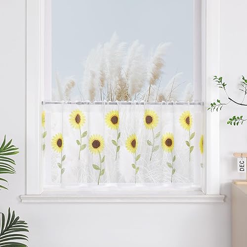 Yujiao Mao Rideau Cuisine Transparent Motif Tournesol Style Campagne Rideau Court Blanc HxL 60x120cm - Nail Gallerys
