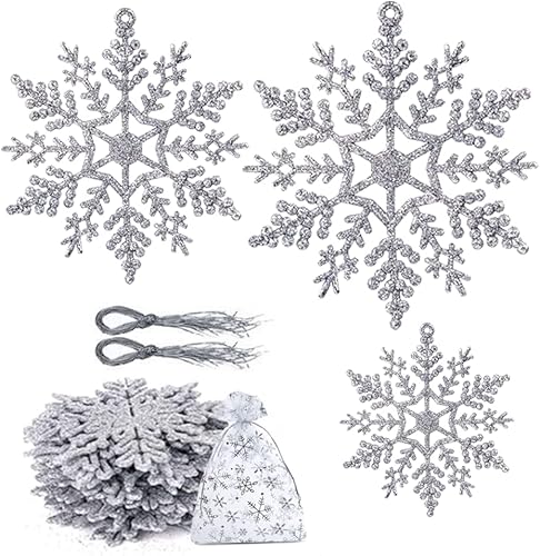 AcnA 30 Pièces Flocon de Neige Decoration, Décorations à Suspendre avec Flocon de Neige, Flocon de Neige Decoration d'arbre de Noël, Décorations de Noël (Argent) - Nail Gallerys
