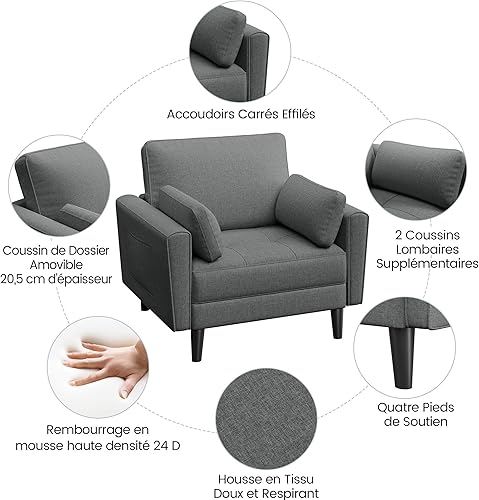 Yaheetech Fauteuil de Salon Moderne avec Accoudoir et Poches Fauteuil Relax avec Coussins Cadre en Bois Fauteuil Chambre en Tissu pour Salon Gris - Nail Gallerys
