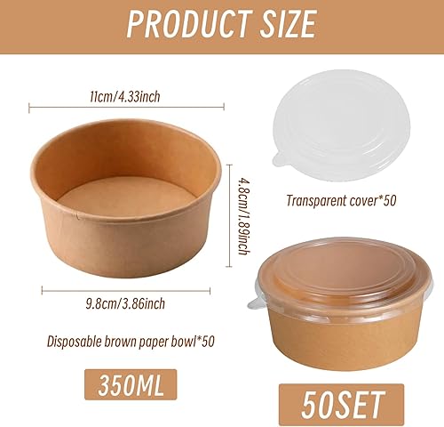 50 pcs bols jetables, 350 ml de contenants alimentaires jetables avec couvercles, récipient de préparation repas jetable kraft empilable pour les aliments chauds et froids, contenants préparati - Nail Gallerys