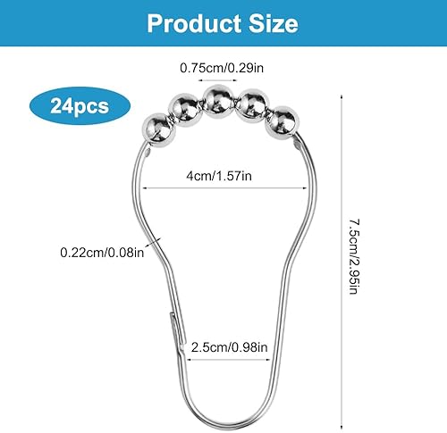 24 Pièces Crochets de Rideau de Douche avec Système Coulissant, 7.5 x 4 cm Crochets de Rideau de Douche Antirouille Coulissant, Anneaux de Douche en Acier Inoxydable, pour Tiges, Rideaux - Nail Gallerys